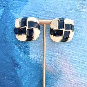 80s Vintage Allison Reed Gold-Tone Black Enamel Pierced Earrings